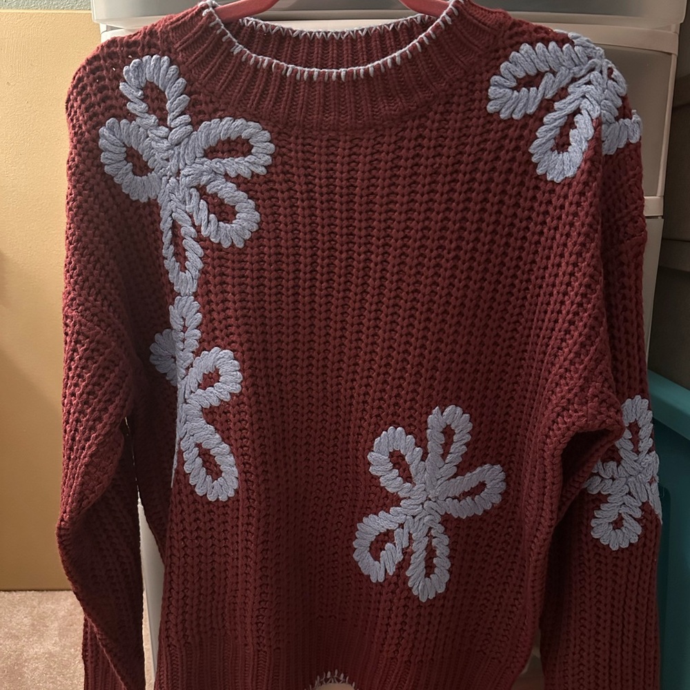 Three Bird Nest Burgundy Sweater with Blue Floral Design